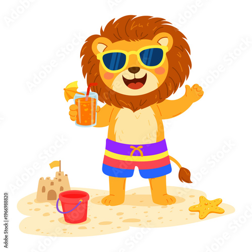 Cartoon summer lion with surfboard. Cute animal character on beach. Vector illustration for kids holiday, children design and vacation posters concept.
