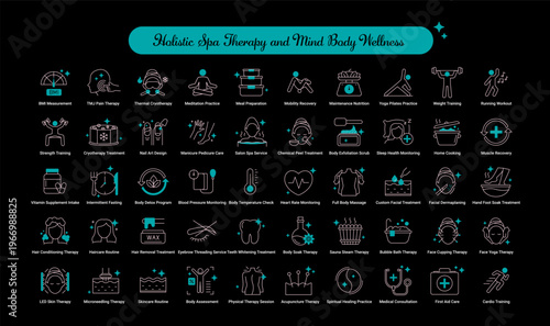 Holistic Spa Therapy and Mind Body Wellness icon, Integrative Healing and Restorative Spa Treatment Icons, Natural Wellness and Full Body Therapeutic Care Icons. Editable Stroke.