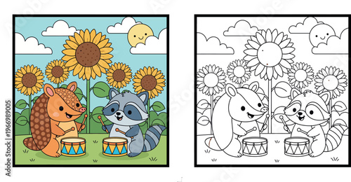 Cute Cartoon Armadillo and Raccoon Playing Drums in a Sunny Sunflower Field