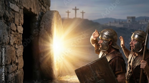 Roman soldiers witnessing the miracle of the Resurrection of Jesus Christ at the tomb entrance. Biblical cave scene with glowing light, wooden crosses and shocked guardian men.