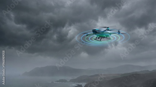 Autonomous drone flying in stormy sky with radar signal, weather monitoring and emergency scanning technology concept.