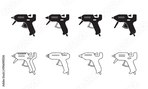 Collection of black and white hot glue gun vector images, featuring different models and styles.