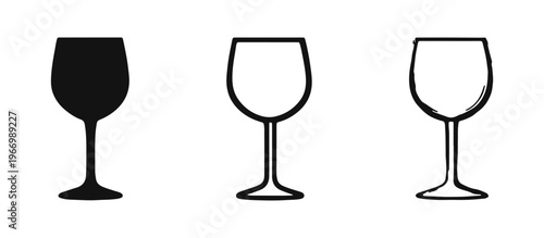 Wine glass icon set. Black vector symbol for drinks, celebration, bar, restaurant, or menu item.