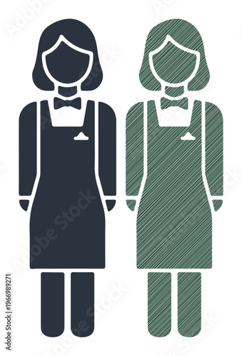 Waitress, waiter icons, black and green vector graphics, restaurant staff symbols, flat design