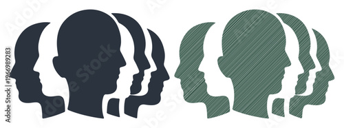 Diverse human head silhouettes, multiple profiles, crowd icons, green and black profiles, vector people
