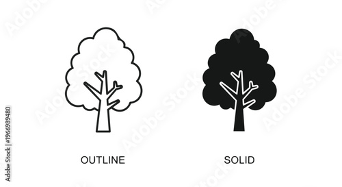 Black and white tree icons with outline and solid styles