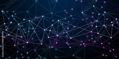 Abstract digital network background with glowing connected nodes and bright lines on a dark blue gradient illustrating data communication, technology flow, and futuristic connectivity.