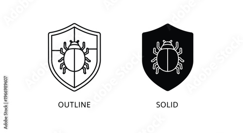 Black and white shield bug icons in outline and solid styles for security concepts