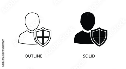 Black and white icons of people with shields for protection and security concepts