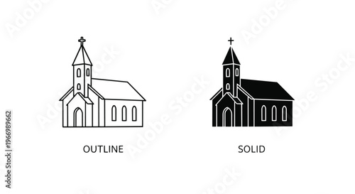 Vector illustrations of church buildings in outline and solid styles