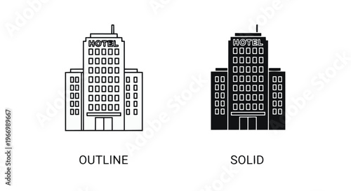 Black and white hotel building icons in outline and solid styles