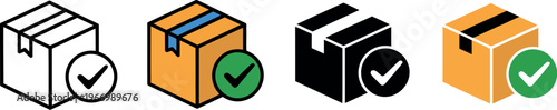 Delivered package icon vector with cardboard box and checkmark symbol for shipping success, order tracking, and logistics services
