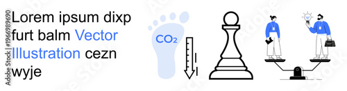 Climate change, environmental impact, business ethics, ecological footprint, strategic planning, teamwork. Footprint with CO2, chess piece and balancing businesspeople. Climate change