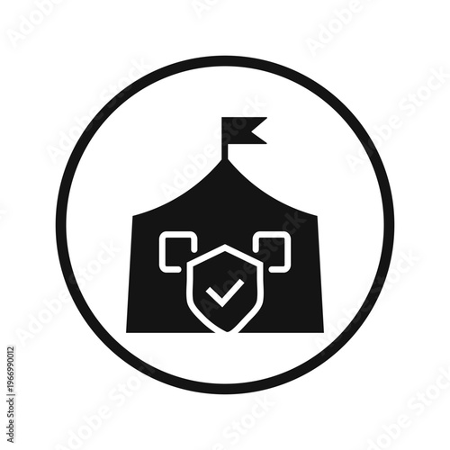 Black icon of a tent with a shield and checkmark inside a circular frame representing safety or protection