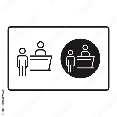 Conceptual pictogram representing customer service and queuing at a reception desk for interaction
