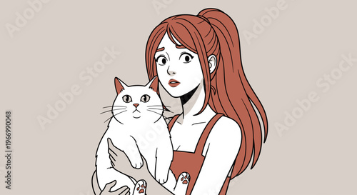 Anime style illustration of a young woman holding a white cat, red haired girl with pet kitten, hand drawn manga character vector