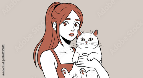 Anime style illustration of a young woman holding a white cat, red haired girl with pet kitten, hand drawn manga character vector