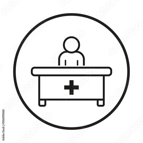 Medical reception desk with a cross symbol and a person icon inside a circle