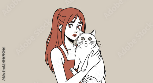 Anime style illustration of a young woman with red hair holding a white cat, girl with pet kitten in manga aesthetic, flat vector character art
