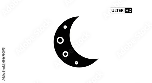 A minimalist vector graphic of a crescent moon with craters and a modern logo in the corner.