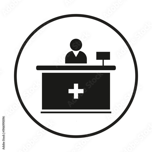 Medical reception desk with a person and a plus sign inside a circle icon