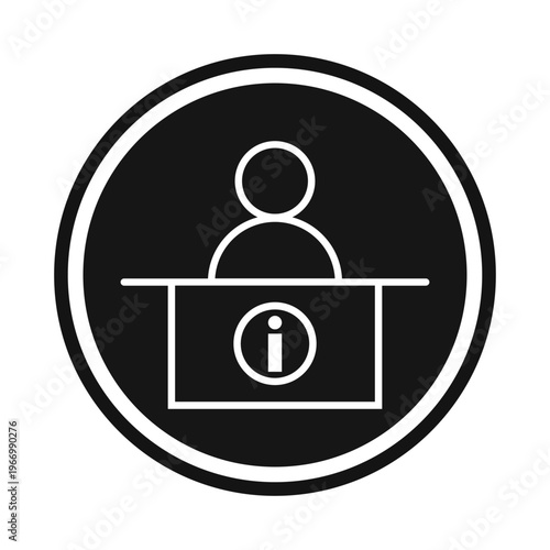Stylized pictogram of a person behind an information desk with an info symbol