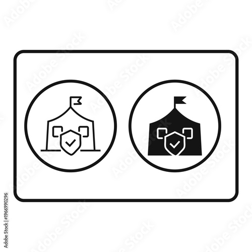 Two icons representing a tent with a shield and checkmark for safety and security concepts