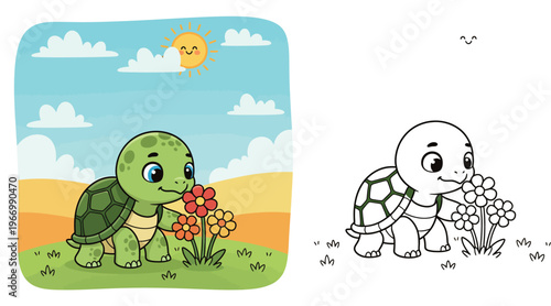 Adorable Cartoon Baby Turtle Smelling Flowers in a Sunny Meadow