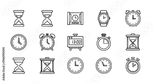 Ticking Icon Collection Editable and Scalable with Hourglass Clock Stopwatch Alarm Vector