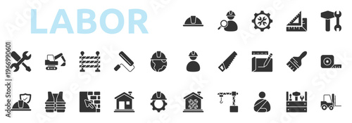 Labor icon glyph style with safety, helmet, worker, search, mechanic, triangle, ruler, equipment, engineer icons