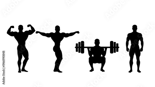Bodybuilder Silhouette Set – Muscle Man Fitness, Weightlifting Workout Vector Collection