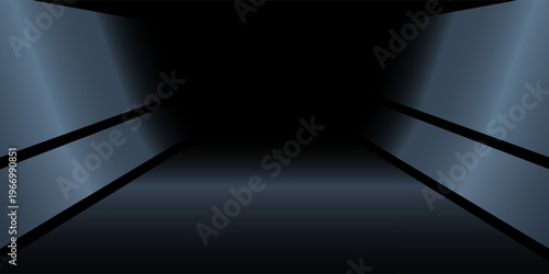 White neon-lit spaceship corridor on a dark background. Scene for advertising, showroom, technology, future, modern, garage. Vector illustration