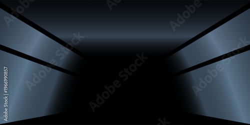 White neon-lit spaceship corridor on a dark background. Scene for advertising, showroom, technology, future, modern, garage. Vector illustration