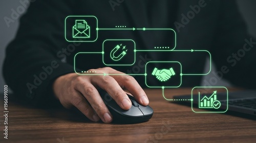 Lead Generation, Digital Marketing, Sales Funnel, Customer Acquisition, Business Growth, Marketing Strategy, Lead Nurturing shown with neon icons of a professional sales process.