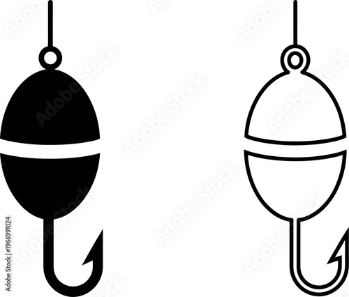 Fishing bobber float icon set with simple black silhouette for angling, hobby, sport, tackle, and fishing equipment vector