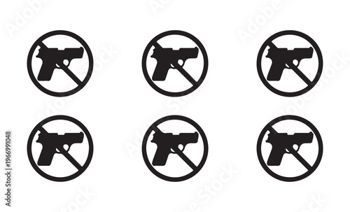 Six black circle gun prohibition icons with pistol silhouettes and diagonal strike marks on white background.