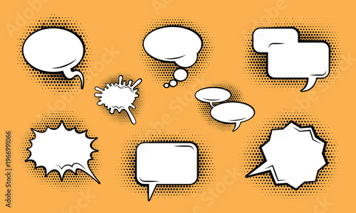 Cartoon comic speech bubble collection. Set of speech bubble with halftone. Cartoon cloud collection. Comic speech bubble frame. Hand drawn retro cartoon stickers. Pop art style. Vector illustration.