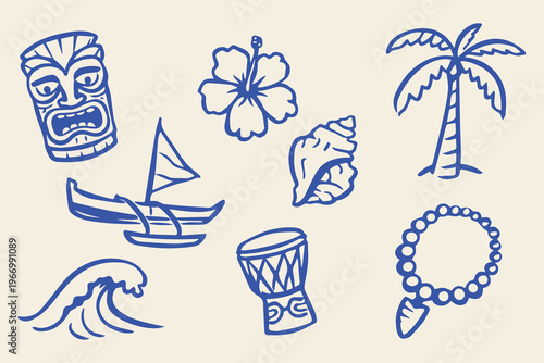 Polynesian culture doodle icon set hand drawn vector illustration