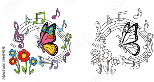 Musical Butterfly with Notes and Flowers Coloring Page for Kids with Color Example and Vector Line Art Illustration
