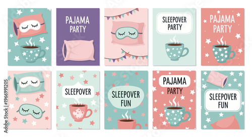 Pajama Party Sleepover Invitations with Pillow and Hot Drink Graphics
