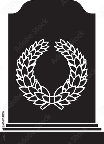 Memorial headstone silhouette vector illustration with detailed laurel wreath line art