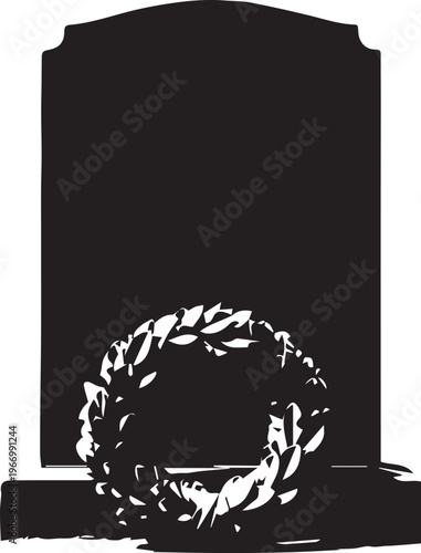 Memorial headstone silhouette vector illustration with laurel wreath line art on transparent background