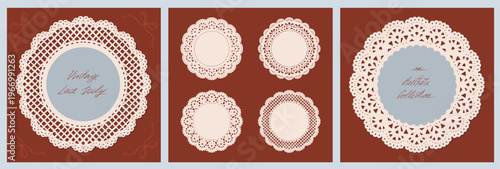Vintage Lace Doily Collection, elegant round coquette scrapbook vector set. Cottagecore antique lace frame illustration for wedding, journal, romantic design