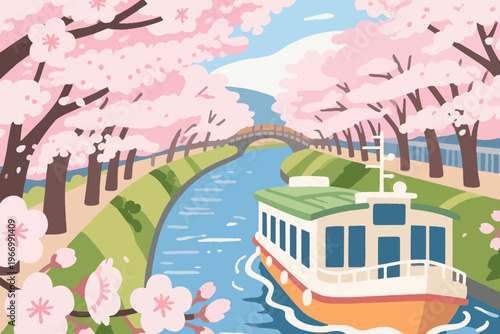 A Boat in the Middle of a City River Surrounded by Cherry Blossom Trees Illustration Creative Design Template Background