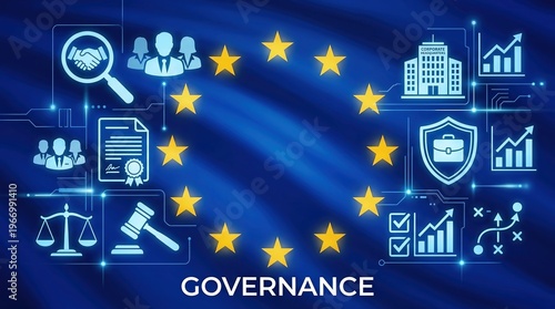 European Union, Corporate Governance, Compliance, Business Strategy, Legal Regulation, Management, EU Policy framework illustration with blue flag background and digital icons.