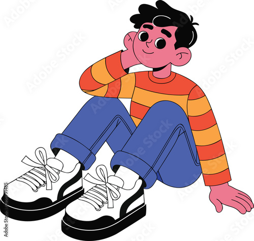 Cartoon boy sitting and posing with hand on cheek