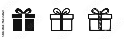 Gift box icon set. Present symbol with ribbon in filled, outline, and hand-drawn doodle style for celebrations.