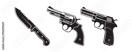 Black and white weapons collection featuring a jagged knife, a classic revolver, and a modern semi-automatic pistol.