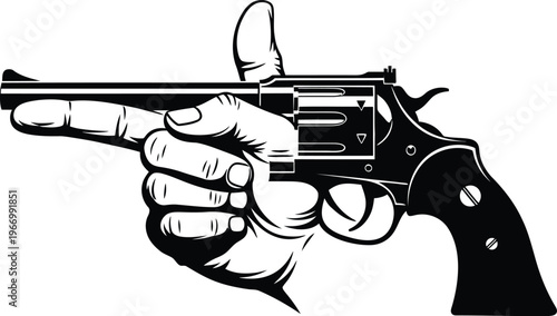 Black and white of a hand holding a revolver gun with finger extended pistol