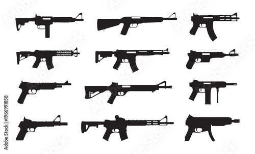 Set of twelve black vector weapon silhouettes on a white background, featuring various rifle and pistol designs.
